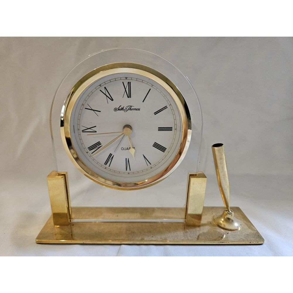 Vintage 1980s Seth Thomas Quartz‎ Brass Desk or Mantle Clock With Pen Holder